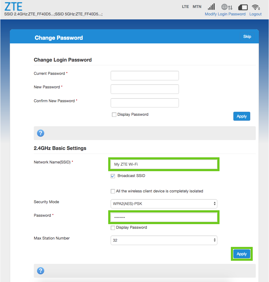 ssid How to change the ZTE LTE Device SSID and WiFi password